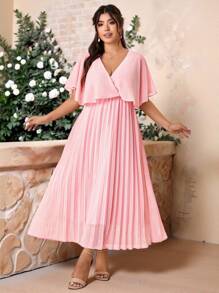 Cravure 大码女式优雅纯色雪纺褶腰 A 字中长连衣裙婚礼当天婚礼宾客婚礼 - 粉色 - 查看 1