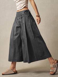 Bohemela 女士纯色宽松休闲阔腿裤，度假风格 - 灰色 - 查看 5
