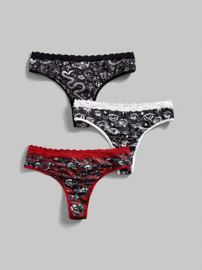 Goth 3 pièces/Ensemble Culotte tanga gothique grande taille, motif peau de serpent, rose, crâne, yeux et fleurs contrastés avec dentelle