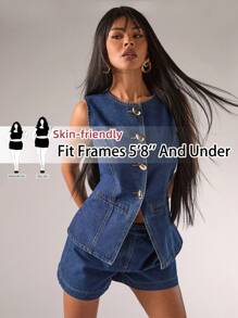 SHEIN Tall CURVE 加大码女式海军蓝牛仔无袖背心夏季度假牛仔西部装女式商务休闲女士节日机场毕业伊比沙岛海滩夏威夷音乐会巡航波西米亚风 2025 海岛度假适合日常穿着和派对穿着可爱夏季上衣 7 月 4 日 - 藍色 - 查看 6