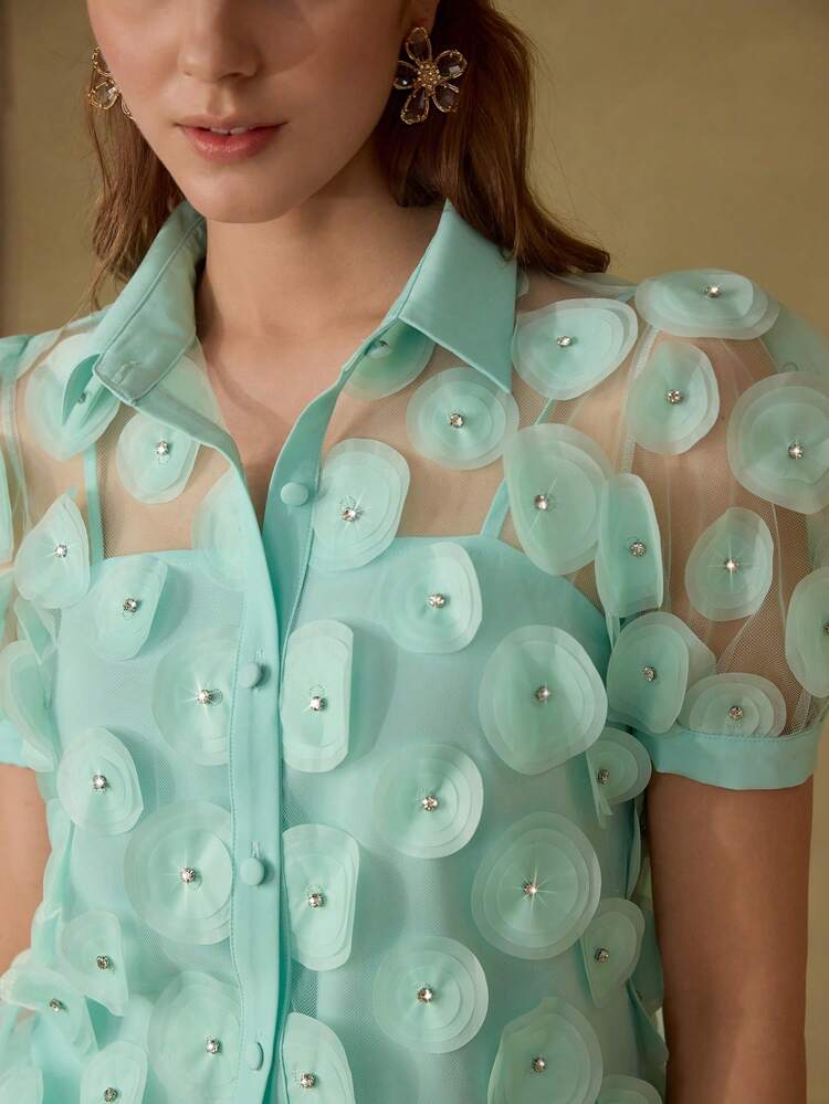 APPLIQUES BUTTON UP SHEER SHIRT