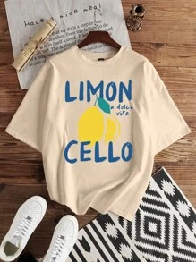 Manfinity Hypemode Fitted Men's Summer T-Shirt With Letter & Lemon Print, Crew Neck