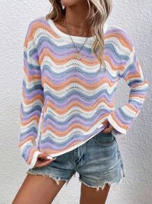 SHEIN LUNE Casual Drop Shoulder Wavy Pattern Knit Sweater Knit Pullover Fall Winter - Multicolor - View 3