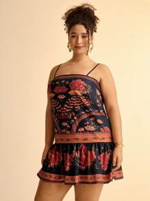 CAJUNI Vestido corto casual de playa negro con estampado floral tropical colorido y tirantes de espagueti para mujer de talla grande