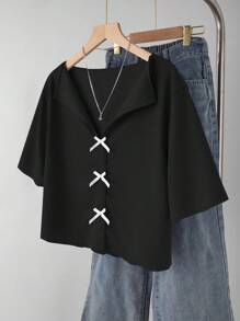 Plus Size Women's Simple Sweet V-Neck Frill Trim Bow Short Sleeve T-Shirt, Casual Mommy And Me Matching (Sold Separately) Summer - Black - View 3