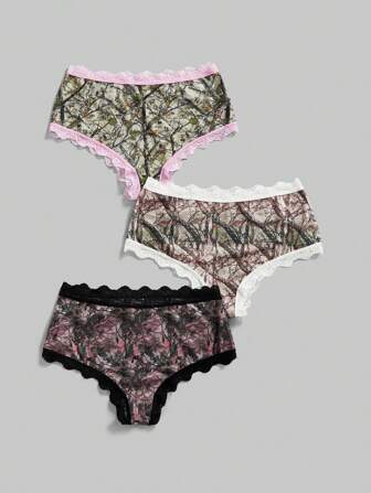Goth 3 Stücke/Set große Größen Dunkel Punk Y2K Wald Zweige & Rinden Muster Spitzenbesatz Slip Set