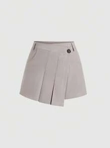 Sweetra Pantaloncini da donna di moda in stile retrò francese, con design asimmetrico, vita arricciolata, vestibilità slim, tinta unita - Grigio Chiaro - Visualizzare 1