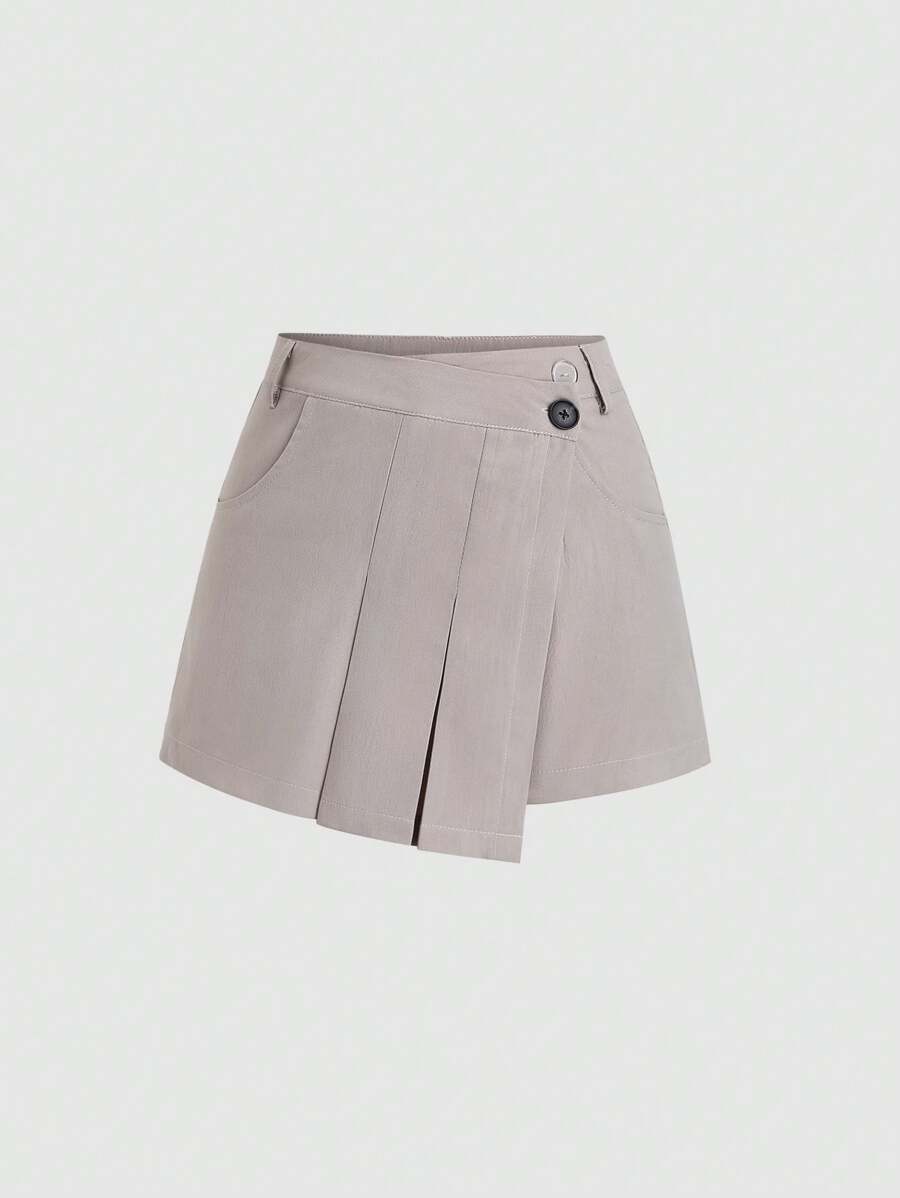 Sweetra Pantaloncini da donna di moda in stile retrò francese, con design asimmetrico, vita arricciolata, vestibilità slim, tinta unita - Grigio Chiaro - Visualizzare 1