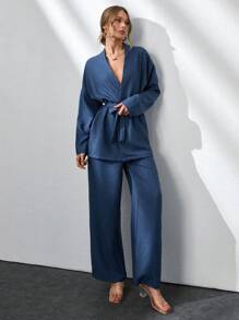 CLARA VERO Two Pieces With Belt Details, Cozy Sets, Easy To Wear At Home And Outdoor - Navy Blue - View 7