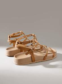 Solecia 女士时尚棕色露趾休闲系带舒适平底凉鞋，适合春夏季度假 - 棕色 - 查看 6