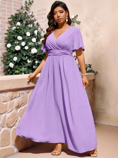 Cravure Plusstorlek Dam Sommar Överlappande V-ringad Volang Kortärmad Midja Plisserad Lång Elegant Klänning Maxi Dam Outfit Bröllop