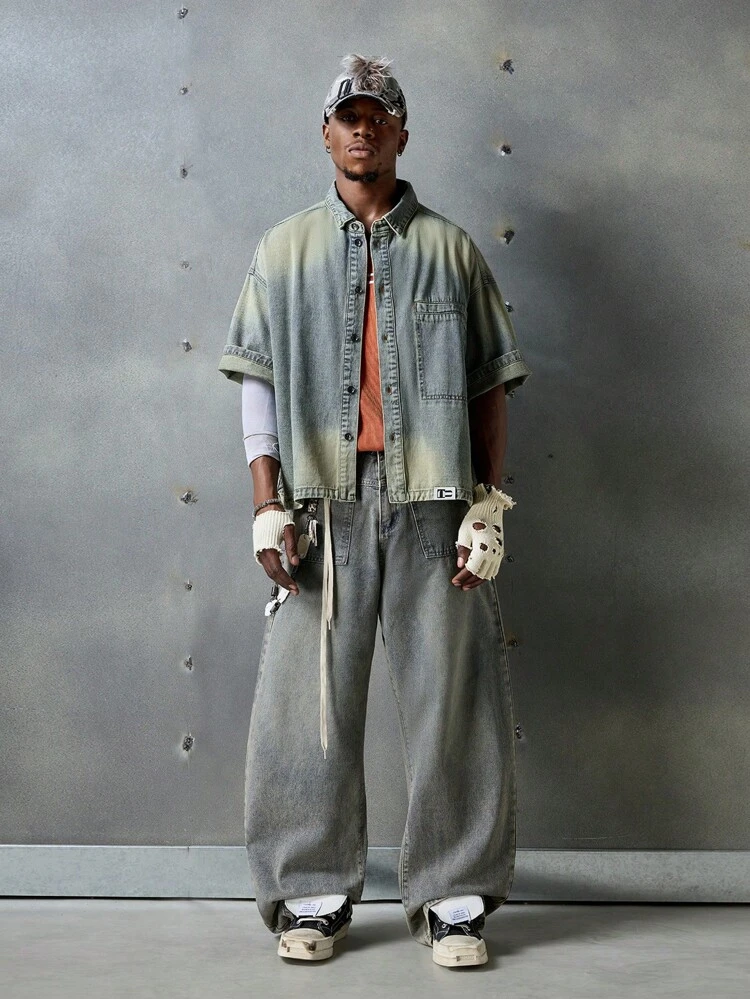 Men's Casual Woven Denim Short Sleeve Shirt, School, Streetwear Inspired