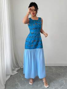 Elenzga Elegant French Style Floral Print Vest Patchwork Chiffon Dress For Women, Spring 2025 New Arrival - Blue - View 5