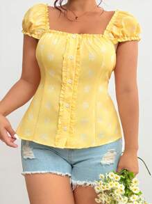 Flirla Plus Size Lightweight U-Neck Cinched Waist Shirt, Fashionable For Summer - Yellow - View 4