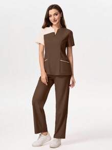 TaskEZ Contrast Color Notched Neck Short Sleeve Top And Pants Scrub Uniform Set - Brown - View 1