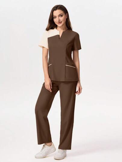 TaskEZ ชุดยูนิฟอร์มคลุมเช็ด กางเกงพร้อมเสื้อแขนสั้นคอปกสีคอนทราสต์