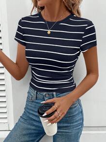 SHEIN LUNE 女式运动休闲褶皱腰黑白条纹圆领运动T恤