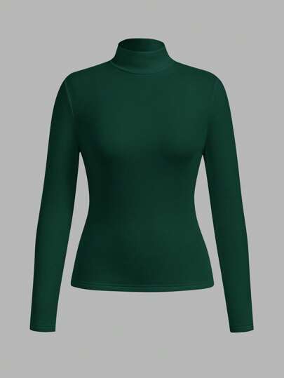 SHEIN BASICS Women's Dark Green Basic Turtleneck Slim Long Sleeve Top, Autumn Everyday Casual Minimalist Solid Color Thermal Lined Warm Fabric For Winter, Office