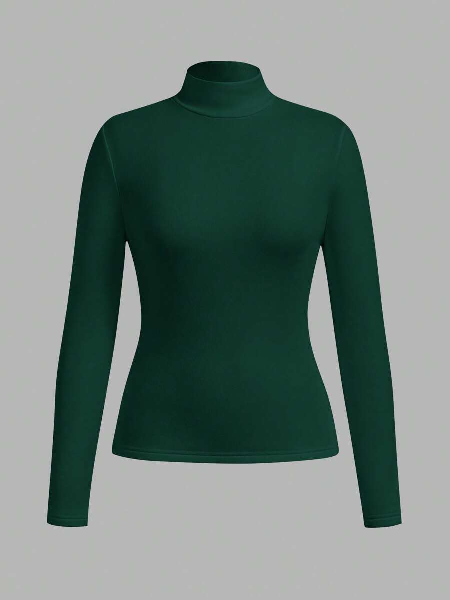 SHEIN BASICS 秋冬季基本款高领修身长袖纯色女式上衣，升级保暖内衬，时尚、休闲、舒适、百搭，不显臃肿 - 綠色 - 查看 1