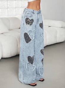 Jeanoix Quần Jeans Ống Đứng Dáng Rộng Thêu Hình Trái Tim Cạp Thấp Cho Nữ, Hàng Mới Về Thời Trang, Phù Hợp Cho Mọi Mùa - Màu xanh lam - Xem 4