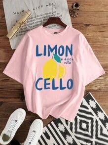 Manfinity Hypemode 男士字母和柠檬印花修身圆领 T 恤，夏季 - 粉色 - 查看 3