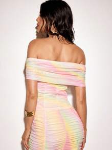 VIOLA AND VESPER Gradient Pastel Rainbow Printed Stretchy Mesh Ruched Off-Shoulder Top Summer Tulle Top - Baby Pink - View 2