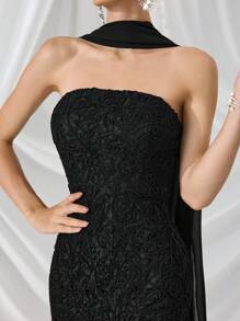 Coutiva 高级无肩带修身纯色正式礼服，高端奢华派对礼服，女士晚礼服，黑色柔软连衣裙，夏季连衣裙，蕾丝连衣裙，长裙，适合婚礼宾客、情人节等场合 - 黑色 - 查看 10