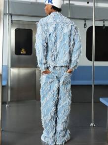 PAVTROS Manfinity Streetrush 男式磨边单排扣休闲牛仔宽松夹克，夏季外出派对舞会街头，Emo 风格，适合秋季 - 淺色水洗藍 - 查看 4