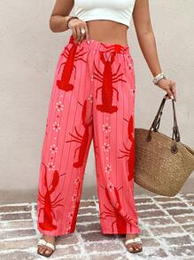 Breezaya Plus Size Women's Holiday Lobster Print Pants Fall Cloth For Women - Red - View 4