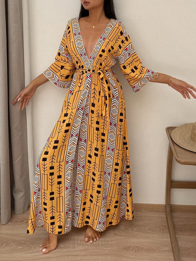 Geometric Pattern Allover Retro Print Lightweight Long Robe For Women, Pajama