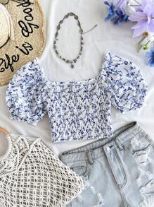 Girlism 少女休闲花卉印花荷叶边短袖衬衫 - 藍色 - 查看 4