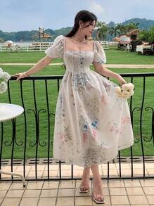 DAZY Vestido romántico con estampado floral estilo francés, moda para mujer