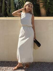 Livesso Conjunto de 2 piezas de top de tirantes casual de lino y falda de largo medio, para primavera/verano