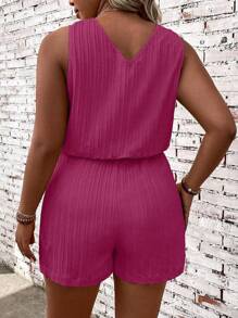 SHEIN LUNE Bộ đồ liền thân không tay cổ chữ V cài nút nửa hở mùa hè cỡ lớn dành cho nữ - Màu Hồng Tươi - Xem 2