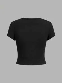 SHEIN EZwear 4件組女款休閒極簡碎花圖案圓領短袖修身短版T恤，適合夏季外出穿著 - 黑與白 - 查看 10