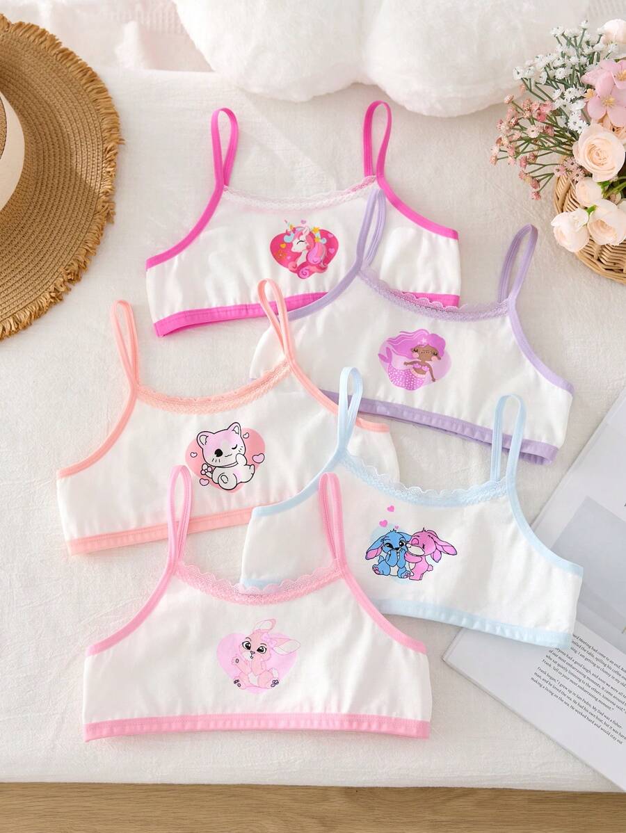 5pcs/Set Girls Children Lace Trim Cartoon Printed Soft Cotton Comfortable Short Underwear Sets, Summer - Multicolor - View 1