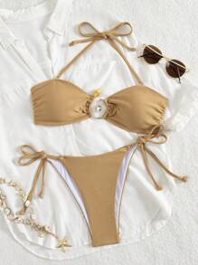 SHEIN Swim 女士夏季海滩音乐节罗纹面料卡其色吊带时尚配饰比基尼套装 - 卡其色 - 查看 2