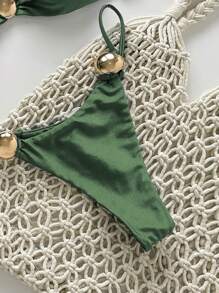 Swim Chiccia 2pcs Women Summer Vacation Outfits, Gold Round Accessory Sleeveless Top And Thong Bikini Beach Swimwear Set Green Olive Green Holiday - Army Green - View 5