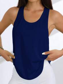 SHEIN Sports 字母印花圆领无袖运动背心，带开衩下摆，夏季 - 藏蓝色 - 查看 2