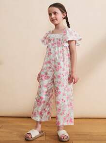 SHEIN Young Girls' Casual Ditsy Floral Printed Romper, Summer - Multicolor - View 1