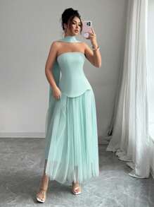 Elenzga Women's Elegant Summer French Style Strapless Ruffled Tie Back Maxi Dress - Green - View 3