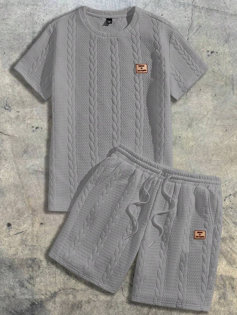 AXEPEAK 2pcs Knitted Casual Print Set Summer Outfit, Streetwear Essentials - Light Grey - View 1