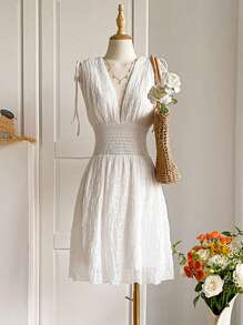 INAWLY Solid Color Deep Shirred Sleeveless Casual Summer Vacation Dress - White - View 1