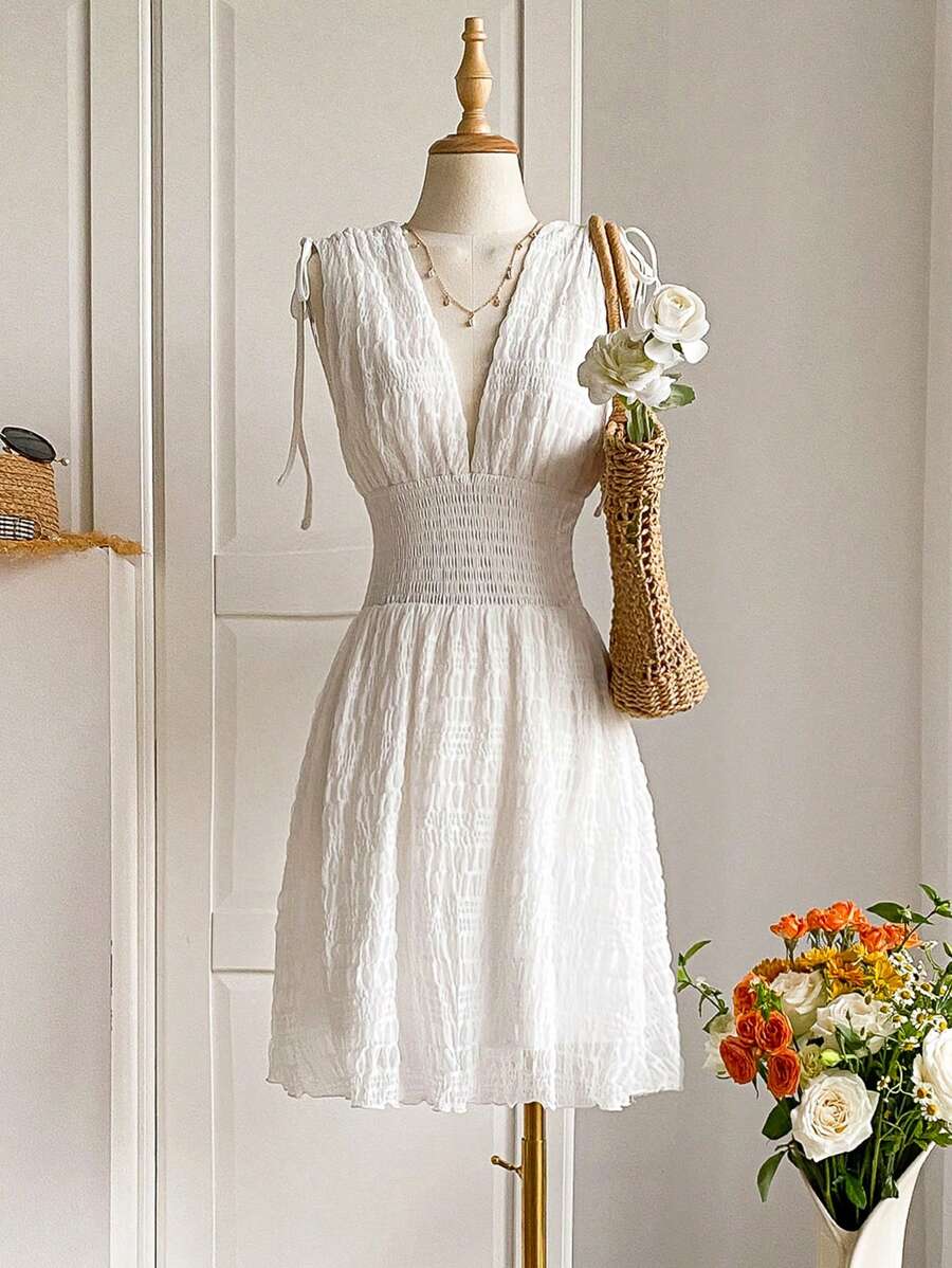 INAWLY Solid Color Deep Shirred Sleeveless Casual Summer Vacation Dress - White - View 1