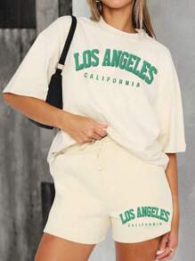 2件套女士夏季休闲字母印花T恤和短裤套装