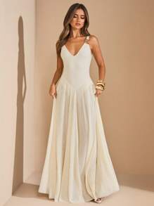 SHEIN BAE Vestido sin mangas en beige con falda de malla acampanada y fluida, vestido largo de tul transparente, vestido largo para vacaciones en la playa, vestido elegante para primavera/verano - Albaricoque - Ver 5