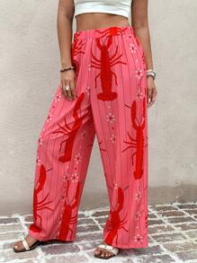 Breezaya Plus Size Women's Holiday Lobster Print Pants Fall Cloth For Women - Red - View 1