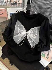 Flirla Plus Size Women's Bowknot Print Elegant Round Neck T-Shirt,Suitable For Commuting - Black - View 3