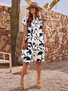 EMERY ROSE Vestido informal de verano con estampado geométrico y manga corta para mujer talla grande