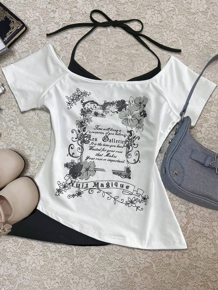 INAWLY 女式标语和花卉印花短袖T恤，夏季 - 白色 - 查看 1